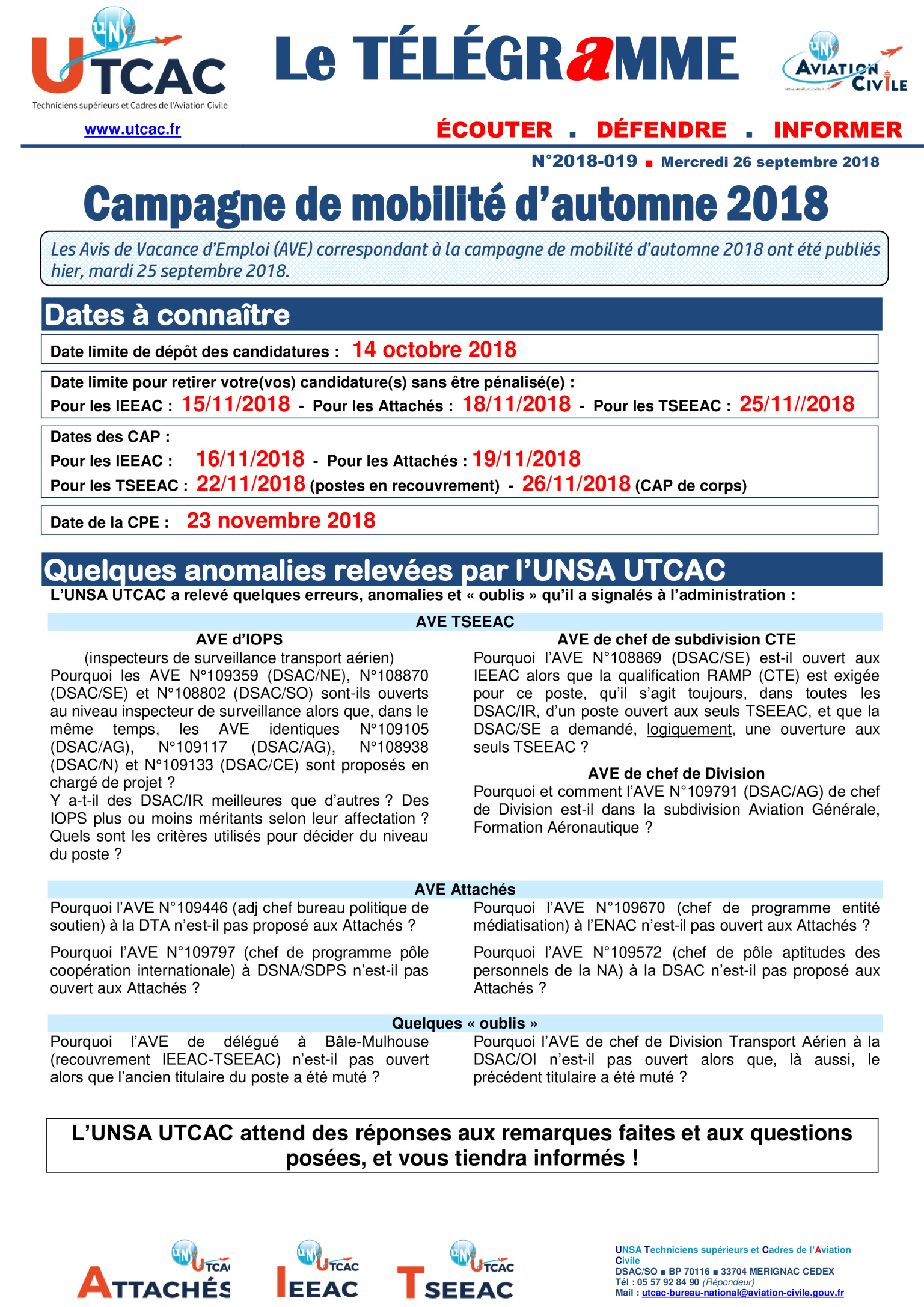 Campagne De Mobilité Automne 2018 – UNSA-UTCAC